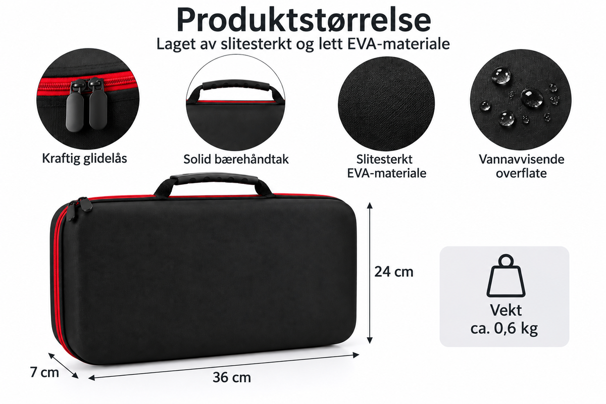 Batteriboks i EVA-materiale med mål 36 × 24 × 7 cm og detaljer om håndtak, glidelås og vannavvisende overflate