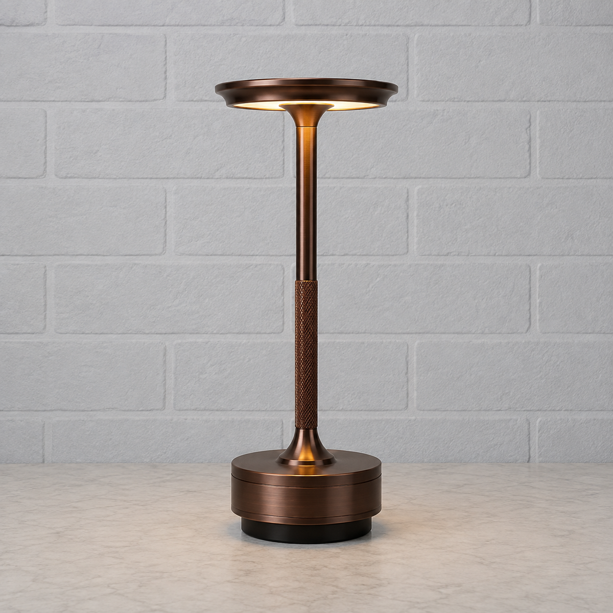 LED bordlampe i bronsefarge med varmt lys