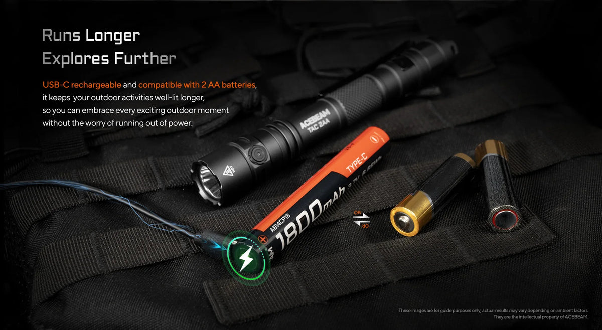 ACEBEAM TAC 2AA med oppladbart USB-C-batteri og mulighet for bruk av to AA-batterier