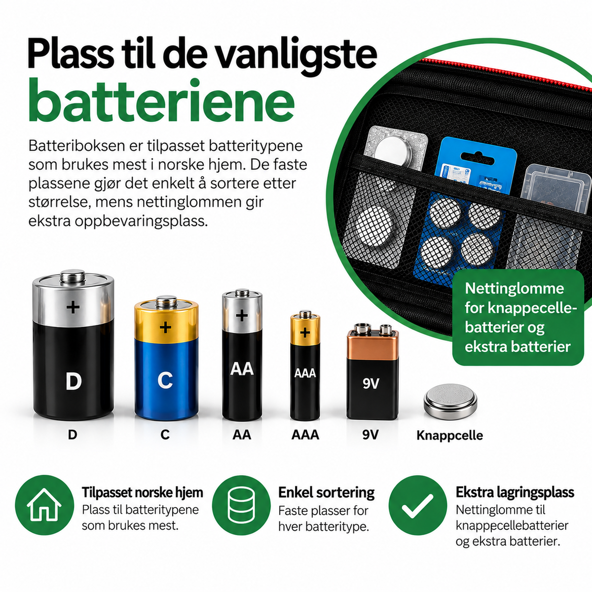 Oversikt over batterityper som kan oppbevares i batteriboksen, inkludert AAA, AA, C, D og 9 V, med nettinglomme for ekstra batterier