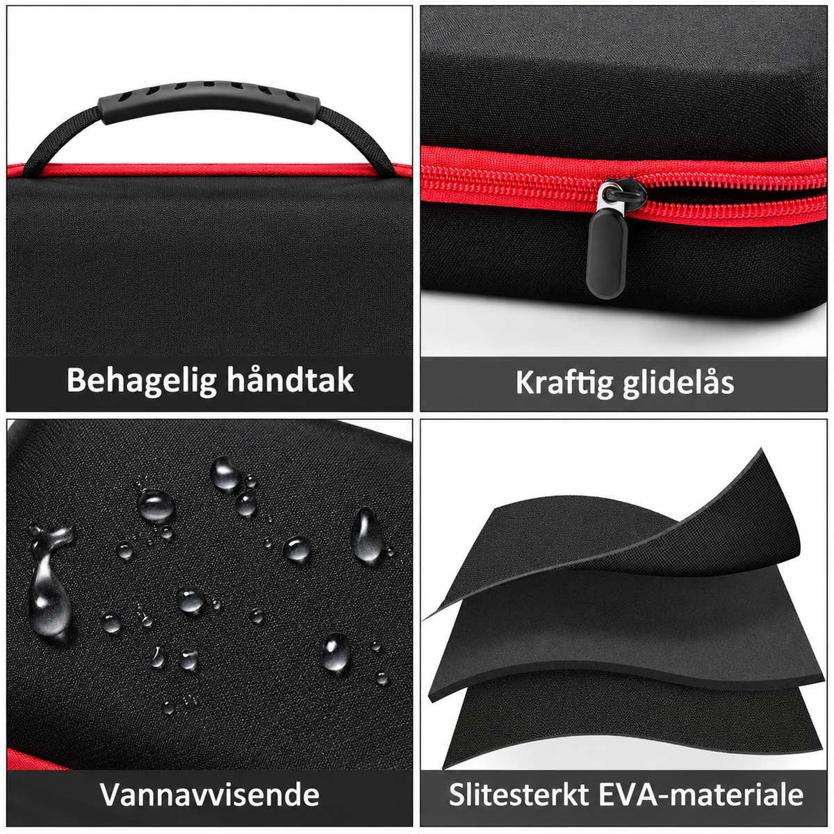 Detaljer på batteriboksen med sort håndtak, kraftig glidelås, vannavvisende overflate og slitesterkt EVA-materiale