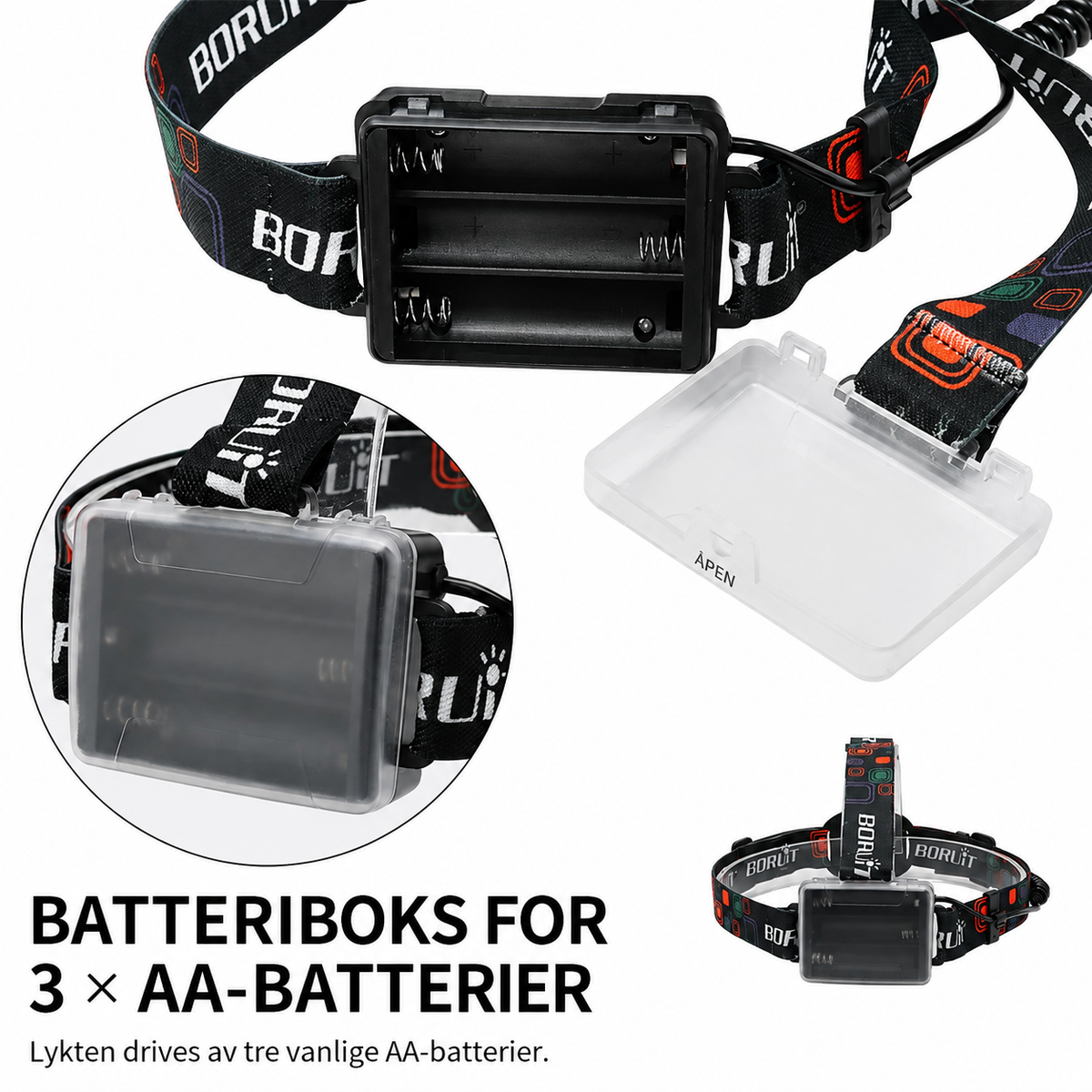 BORUiT RJ-2166 hodelykt med batteriboks for tre AA-batterier