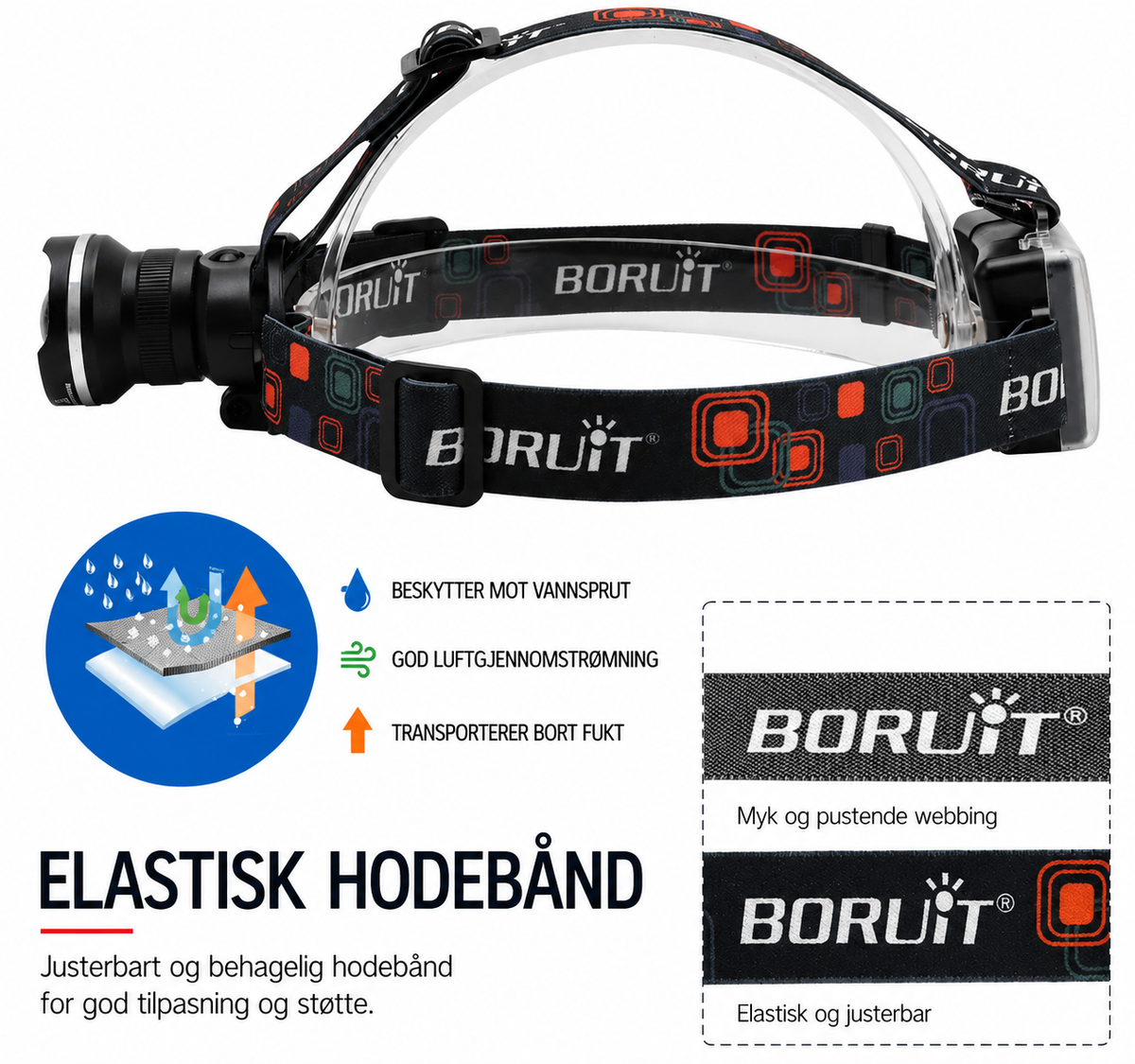 BORUiT RJ-2166 hodelykt med elastisk og justerbart hodebånd