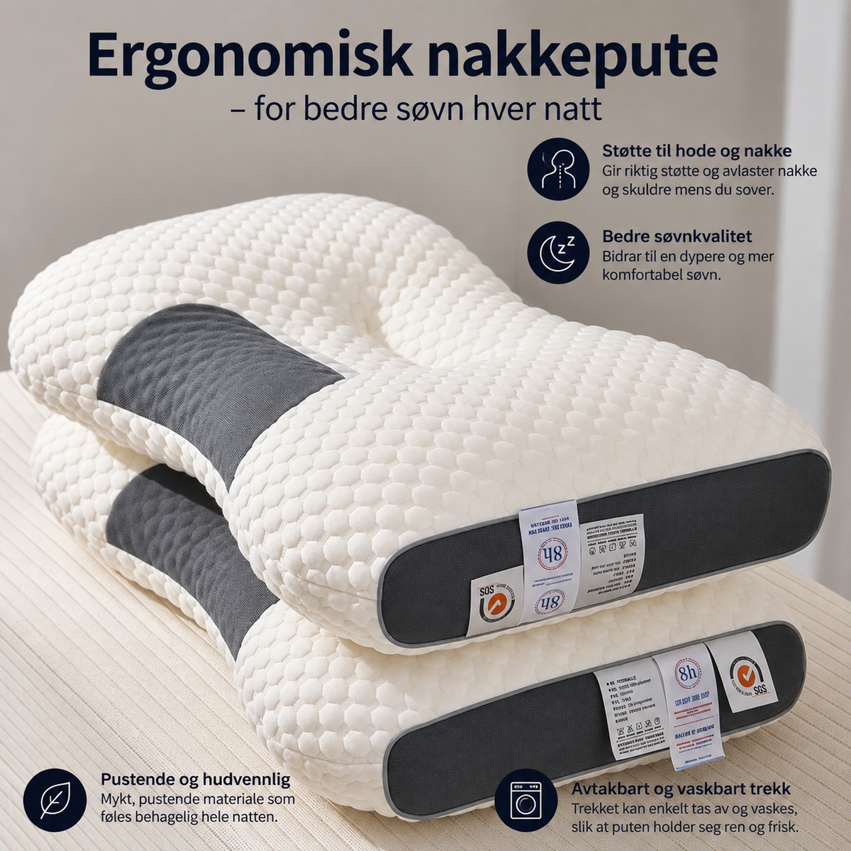Ergonomisk nakkepute med formet design for støtte til hode og nakke