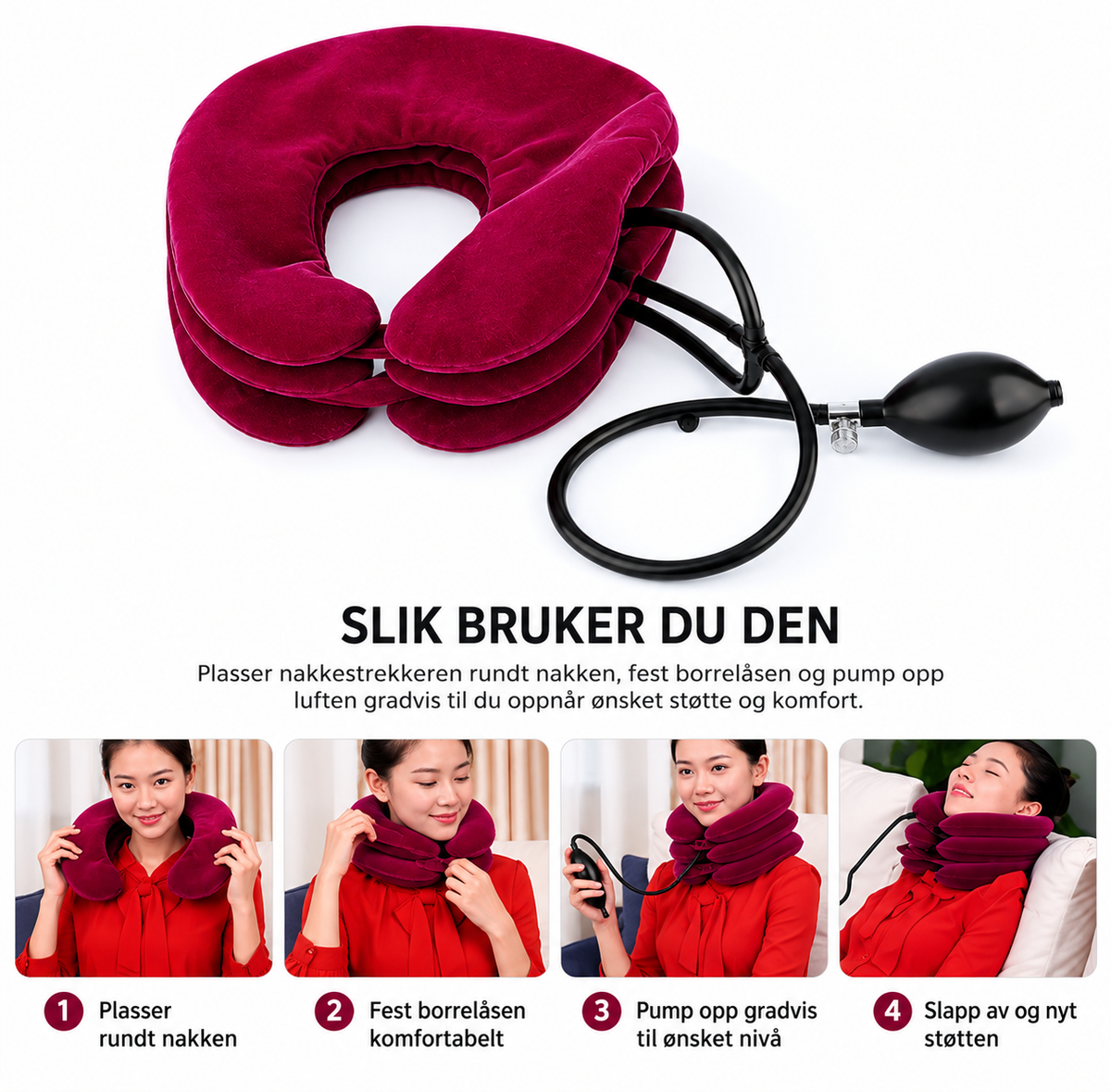 Oppblåsbar nakkestrekker med håndpumpe og fire trinn som viser hvordan den brukes