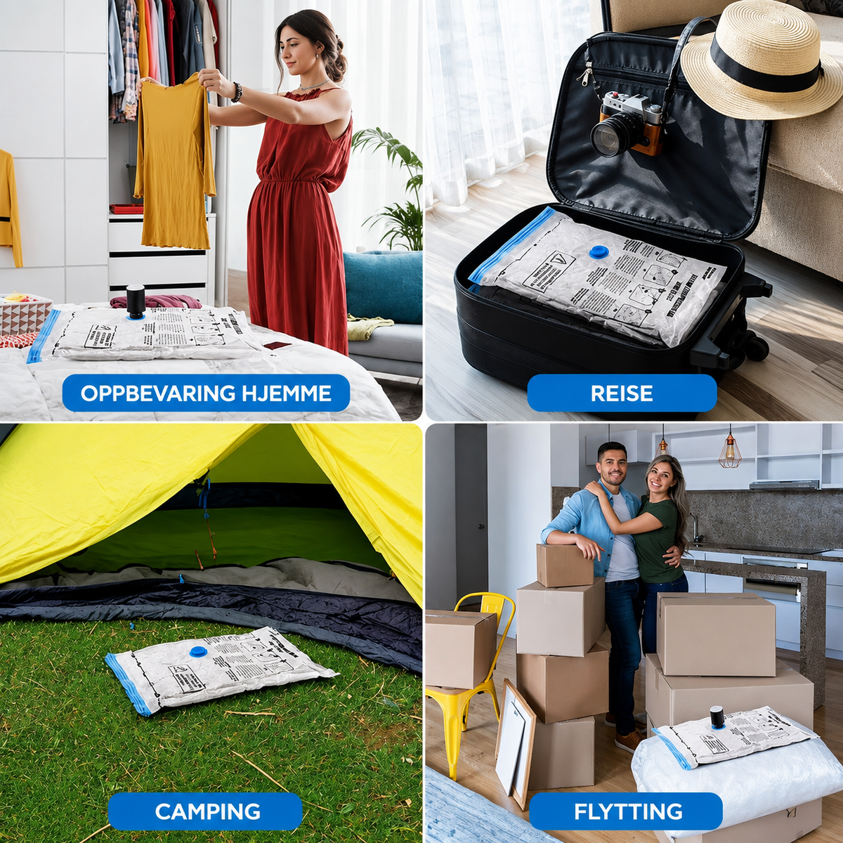 Vakuumposer brukt til oppbevaring hjemme, reise, camping og flytting