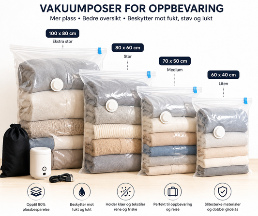 Vakuumposer for oppbevaring i størrelsene 60 x 40, 70 x 50, 80 x 60 og 100 x 80 cm