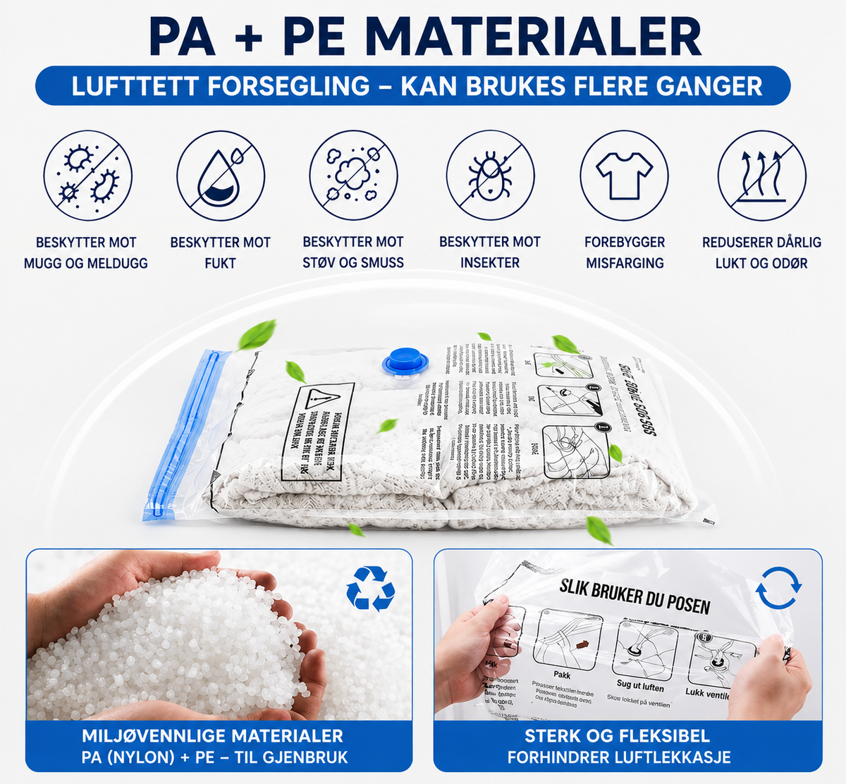 Vakuumposer i PA- og PE-materiale som beskytter tekstiler under oppbevaring
