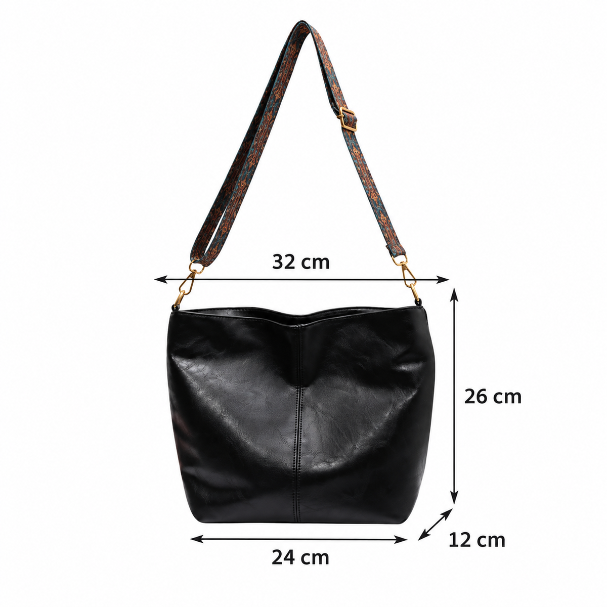 Mål på vintage skulderveske – 32 cm bred, 26 cm høy og 12 cm dyp